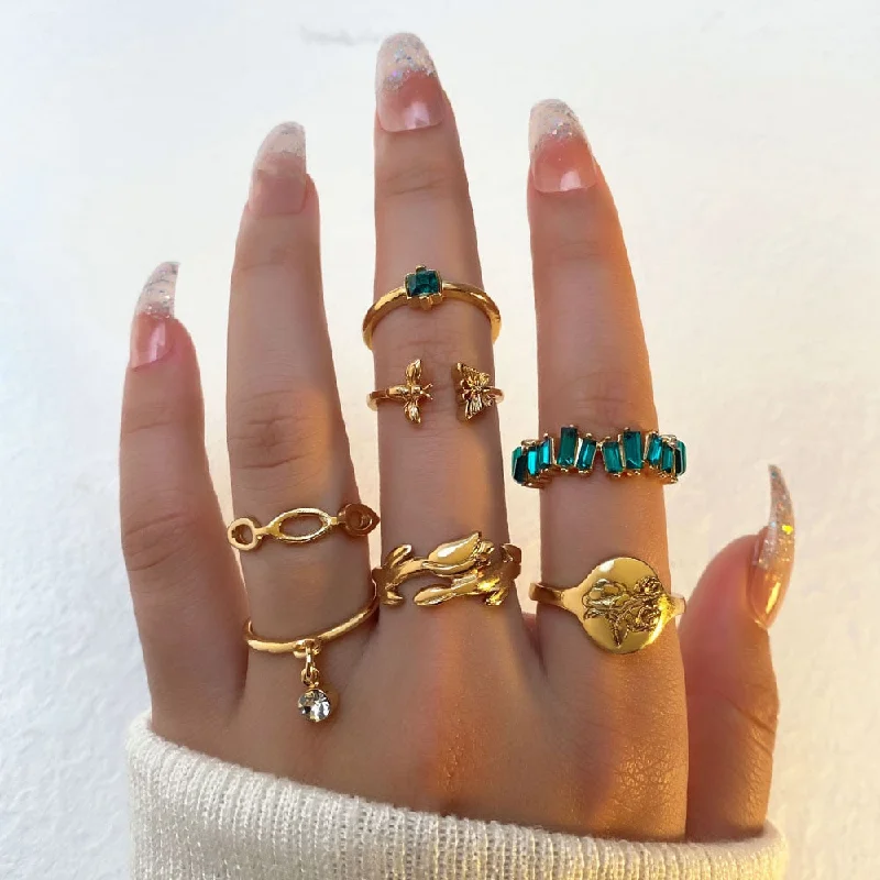 infinity rings for women -Vintage Style Green Zircon Crystal Pendant Boho Ring Set