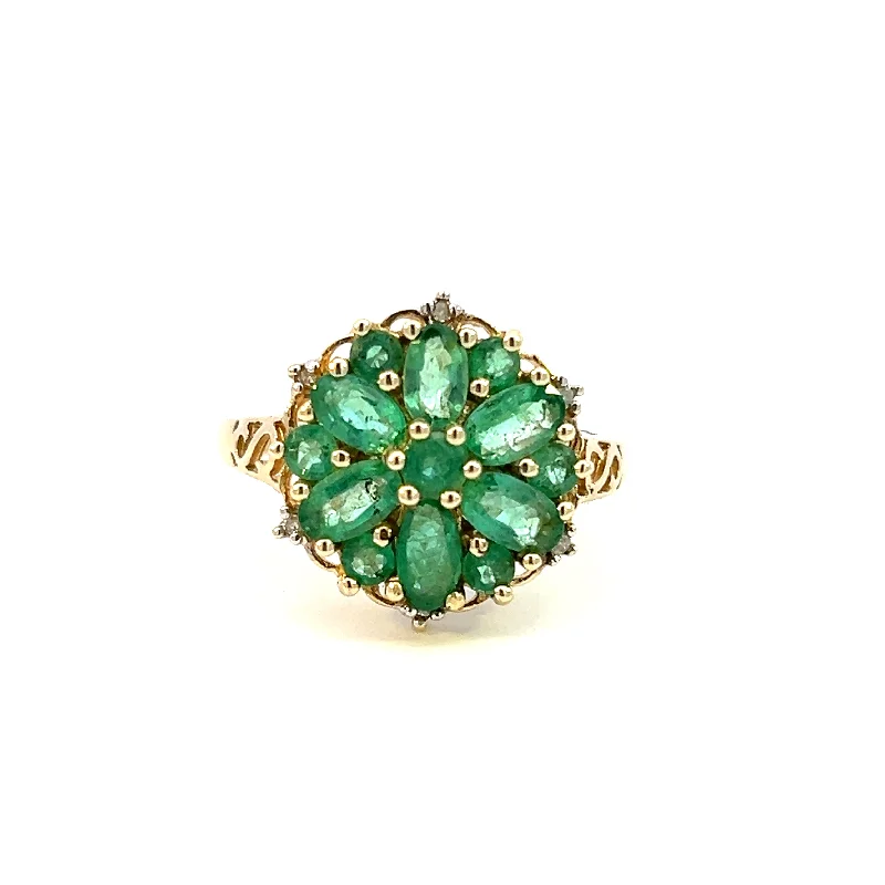 silver rings for women -Estate 14K Yellow Gold Emerald & Diamond Cluster Flower Ring