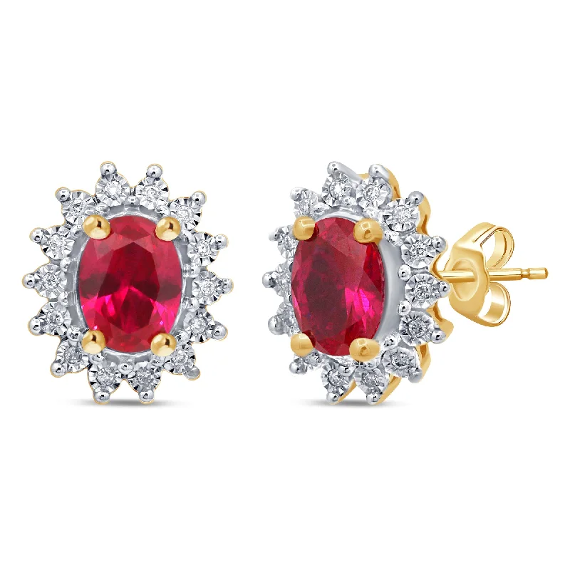 chic earrings for women -Created Ruby Stud Earrings with 0.10ct of Diamonds in 9ct Yellow Gold