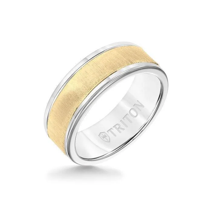 platinum rings for women -8MM White Tungsten Carbide Ring - Vertical Satin 14K Yellow Gold Insert with Round Edge