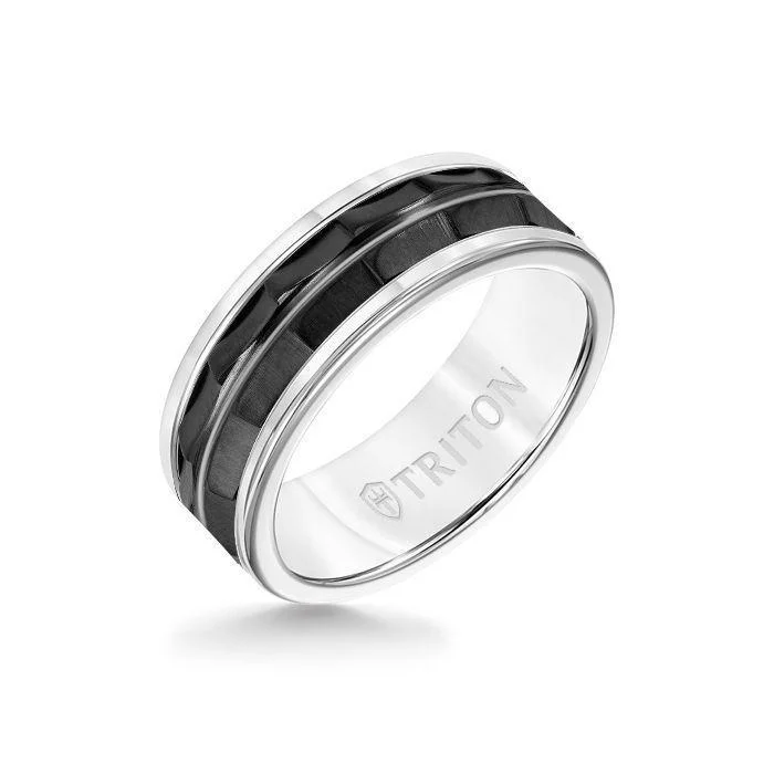 trendy engagement rings -8MM White Tungsten Carbide Ring - Chevron Black Titanium Insert with Round Edge