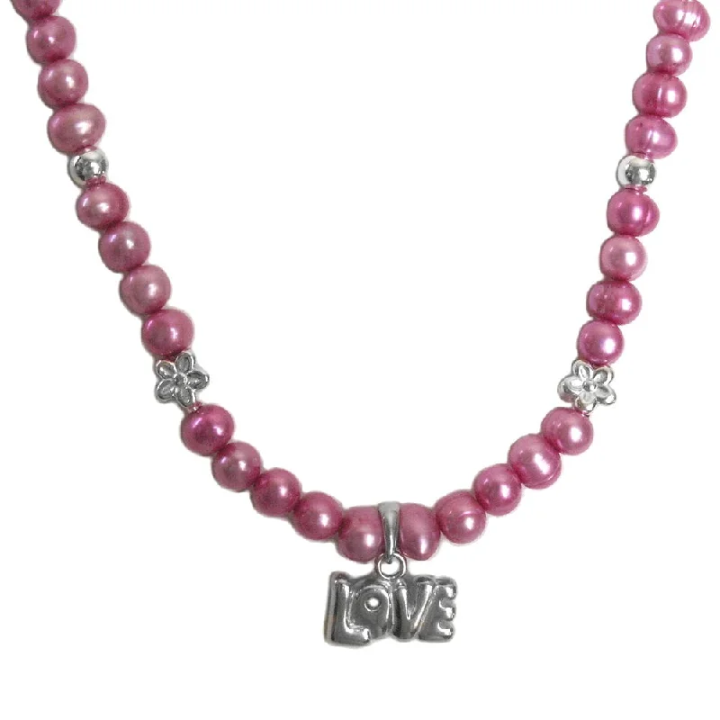 personalized necklace pendants for women -Hot Pink Dyed Cultured Freshwater Pearl Necklace LOVE Pendant Sterling Silver