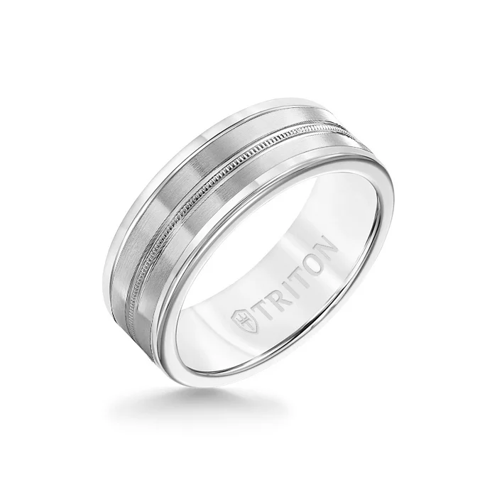 adjustable wedding rings -8MM White Tungsten Carbide Ring - Center Milgrain 14K White Gold Insert with Round Edge