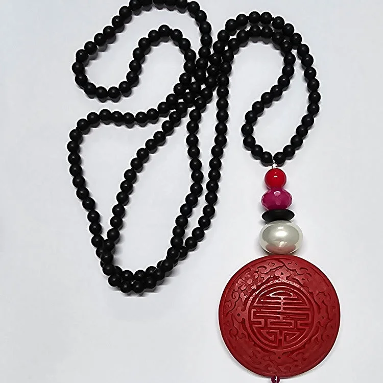 personalized necklaces for women -ONYX BEAD NECKLACE RED CINNABAR LONGEVITY SYMBOL DISC