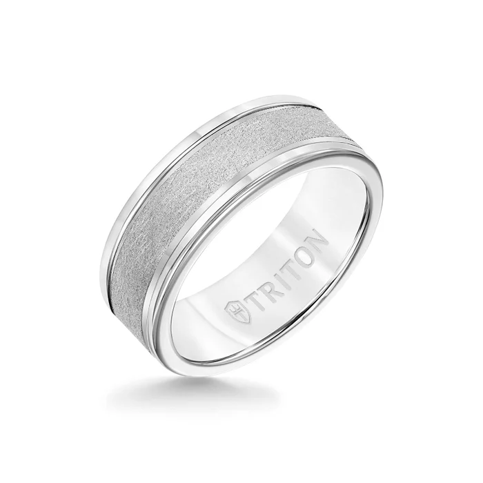 cubic zirconia rings for women -8MM White Tungsten Carbide Ring - Crystalline 14K White Gold Insert with Round Edge