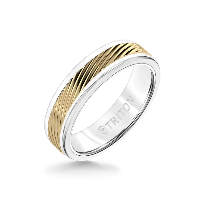 fashion rings for women -6MM White Tungsten Carbide Ring – 3D Wave 14K Yellow Gold  Insert with Round Edge