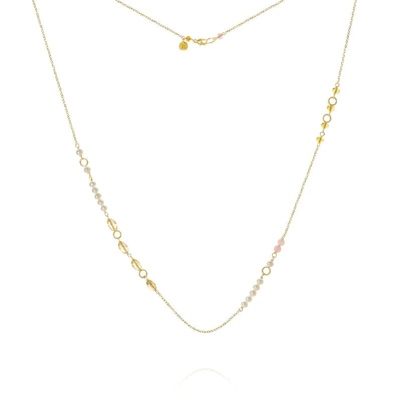 trendy pendant necklaces for women -Piccolo Mellow 18K Gold Necklace, 62 cm w. Pearl, Quartz & Sapphire