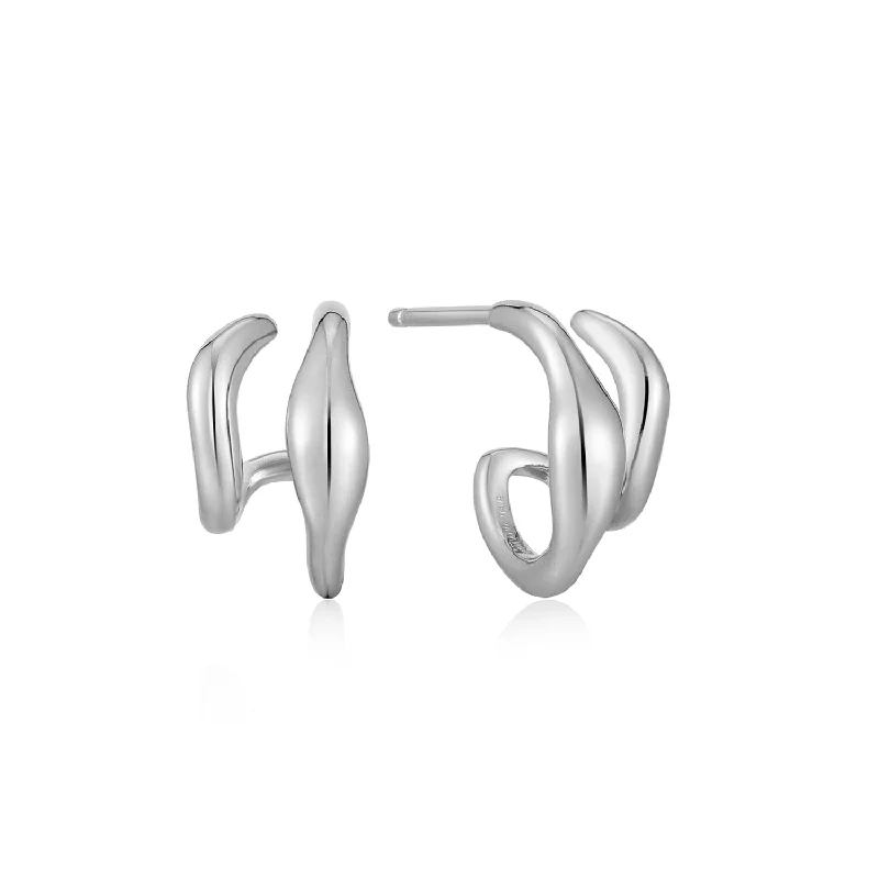 fashion earrings for women -Ania Haie Silver Wave Double Hoop Stud Earrings