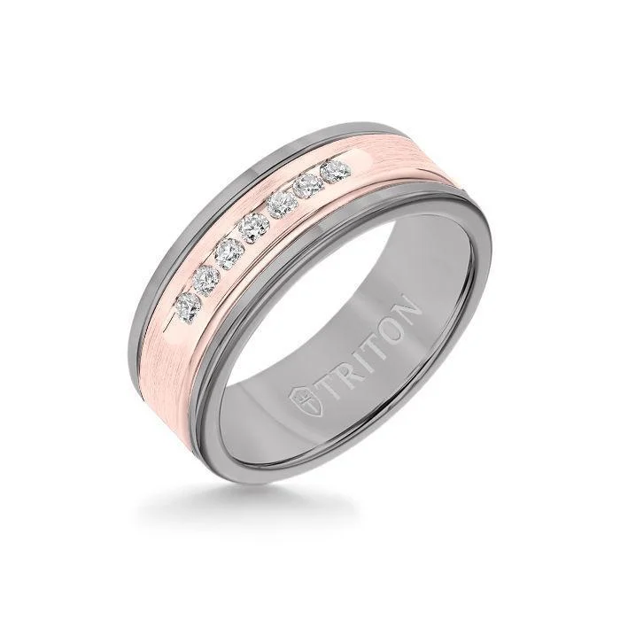 vintage engagement rings -8MM Grey Tungsten Carbide Ring - White Diamonds 14K Rose Gold Insert with Round Edge