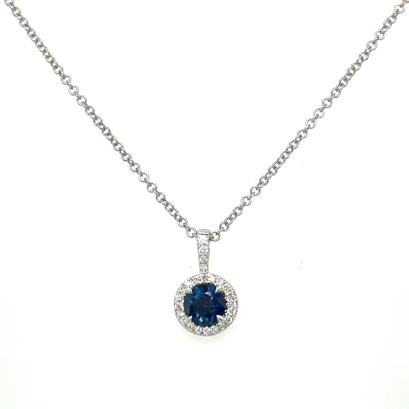 silver necklaces for women -9ct White Gold Earth Grown Round Sapphire & Diamond Halo Necklace