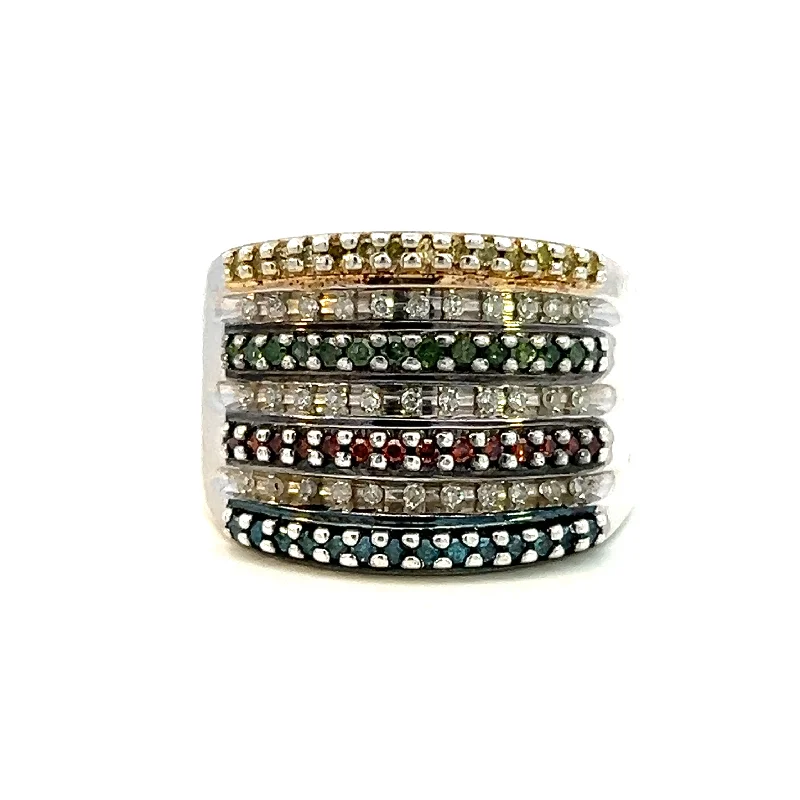 classic rings for women -Estate Sterling Silver 0.47ctw White Diamond & Colored Diamond Multi Row Ring