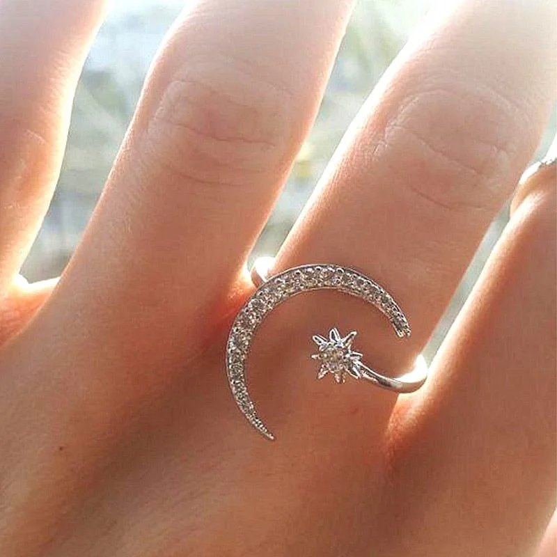 diamond rings for women -New Fashion Moon & Star Open/Adjustable Silver Color Ring