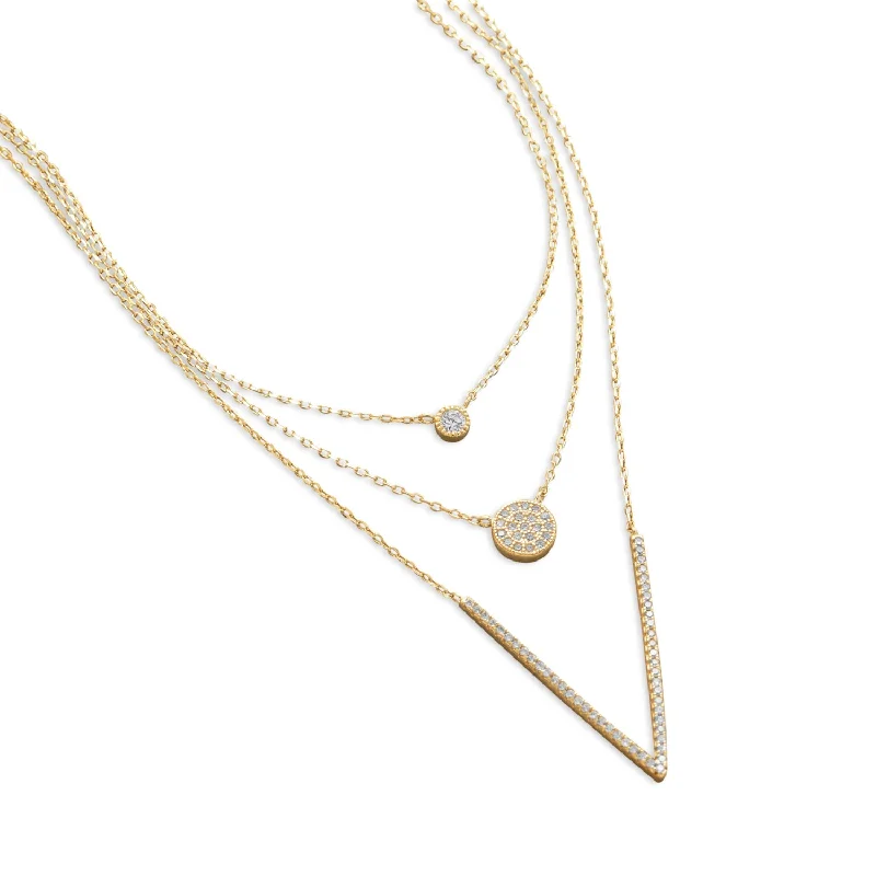 anniversary necklaces for women -Three Strand Layered V Necklace Gold-plated Sterling Silver Cubic Zirconia