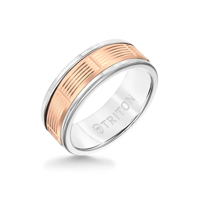 statement rings for women -8MM White Tungsten Carbide Ring - Serrated Vertical Cut 14K Rose Gold Insert with Round Edge