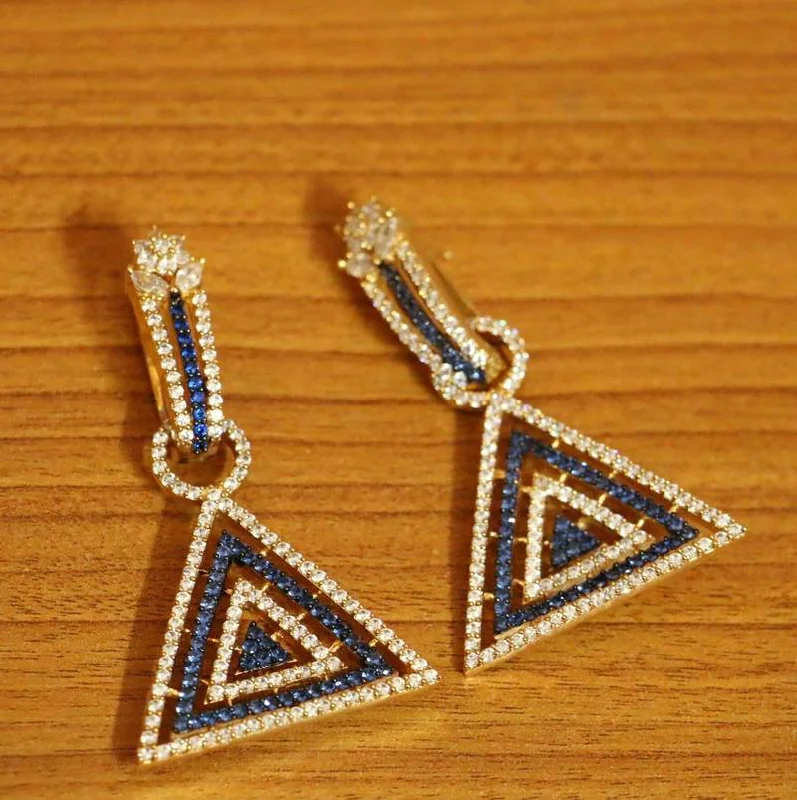 trendy drop earrings for women -Blue coloured Triangle Shaped dangler-drop J hoops