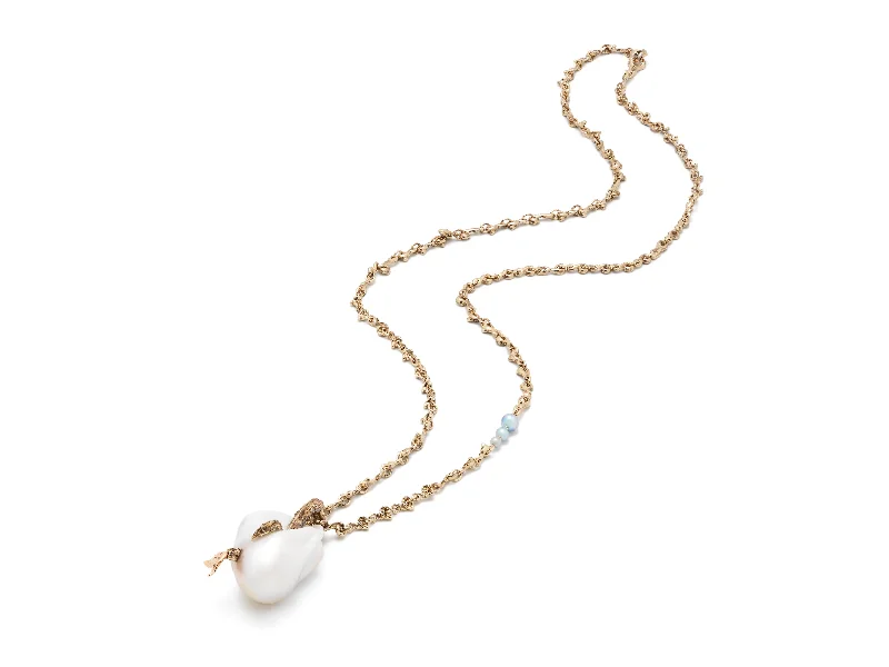 romantic necklaces for women -Mermaid Pearl Pendant on Waves 18K White Gold & Rose Gold Necklace