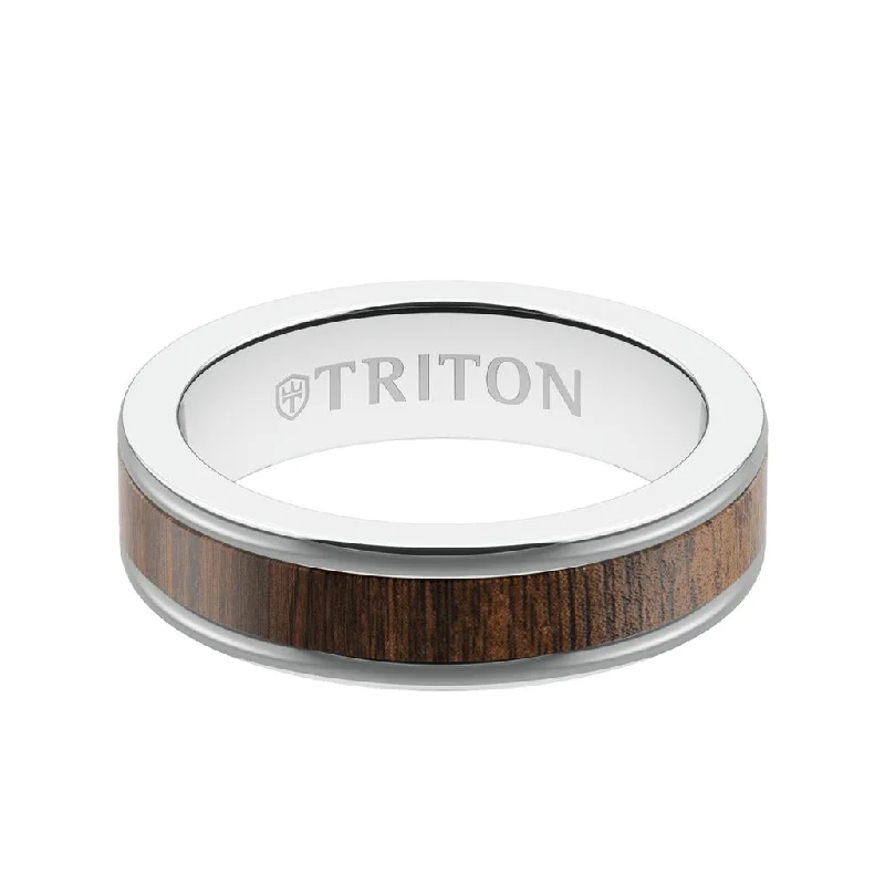 statement rings for women -6MM White Tungsten Carbide Ring - Walnut Flat Insert with Round Edge