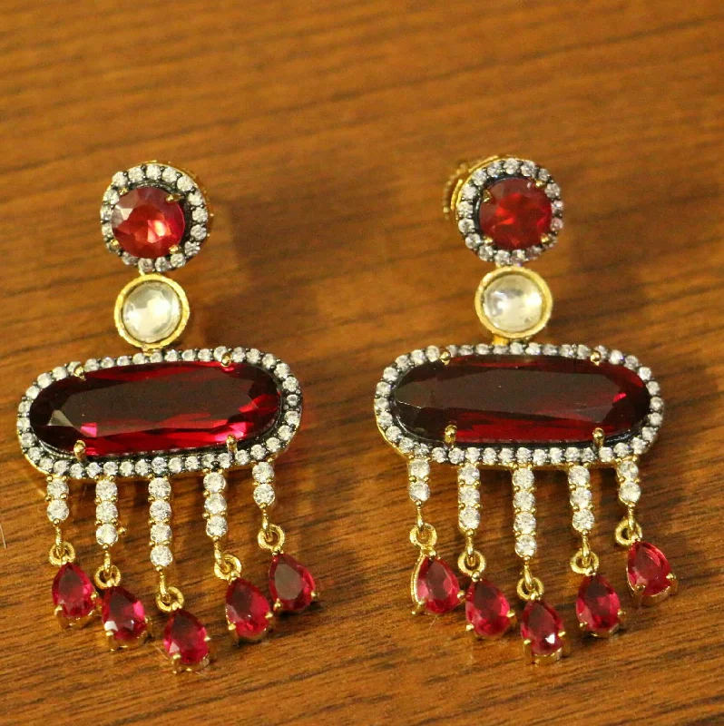 modern earrings for women -Red American Diamonds Ruby Yellow Gold Danglers Drops