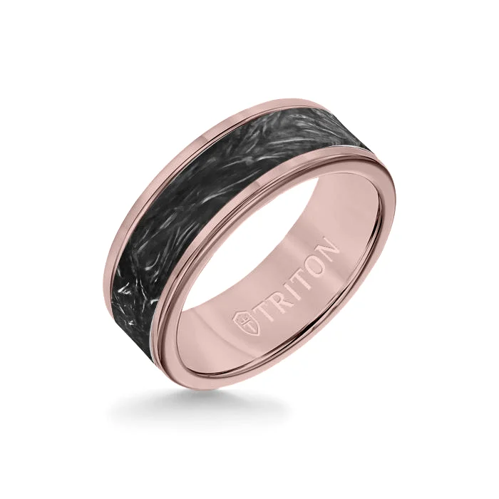 stackable wedding bands -8MM Rose Tungsten Carbide Ring - Forged Carbon Flat Insert with Round Edge