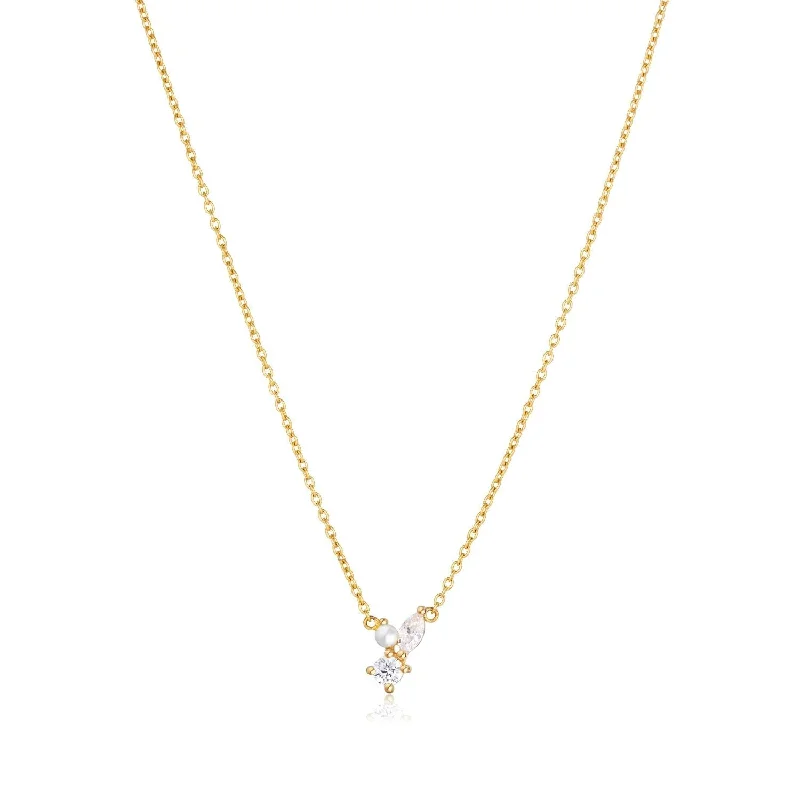 pearl drop necklaces for women -Adria Tre Piccolo Gold Plated Necklace w. White Zirconias & Pearl