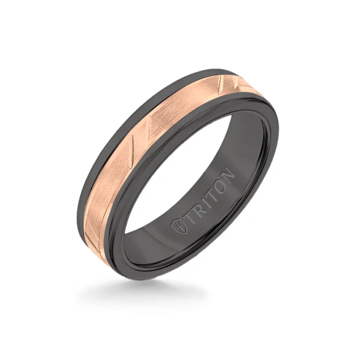 silver rings for women -6MM Black Tungsten Carbide Ring - Bevel Diagonal Cut 14K Rose Gold Insert with Round Edge