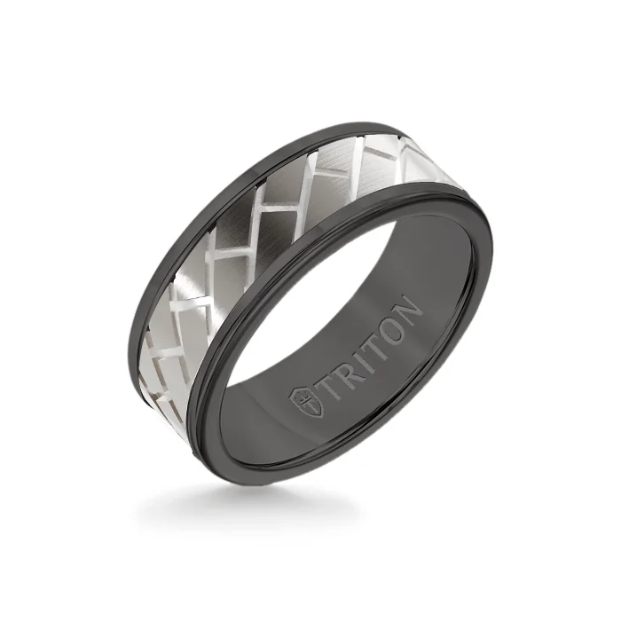 classic rings for women -8MM Black Tungsten Carbide Ring – Diagonal Brick 14K White Gold Insert with Round Edge