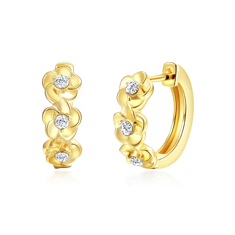 bridal hoop earrings for women -Gold Plated Flower Hoop Earrings Created with Zircondia® Crystals