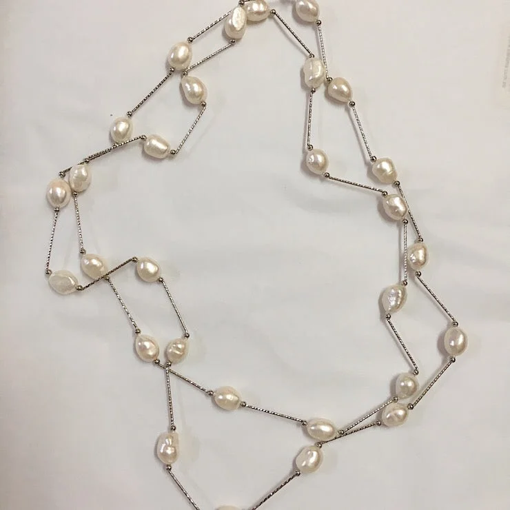 chic necklaces for women -POTATO PEARLS WITH WHITE GOLD NECKLACE