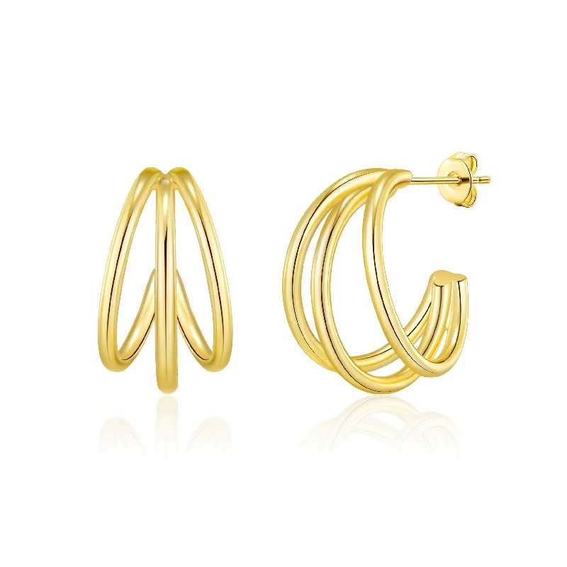 hoop earrings with diamonds -Gold Plated Triple Hoop Earrings