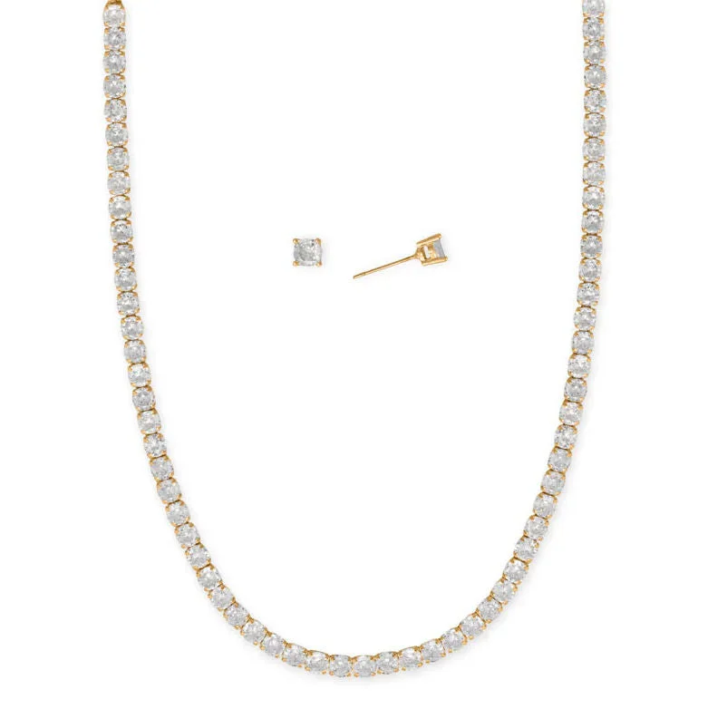 dainty gold necklaces for women -Cubic Zirconia Fashion Necklace and Stud Earring Set Gold Tone