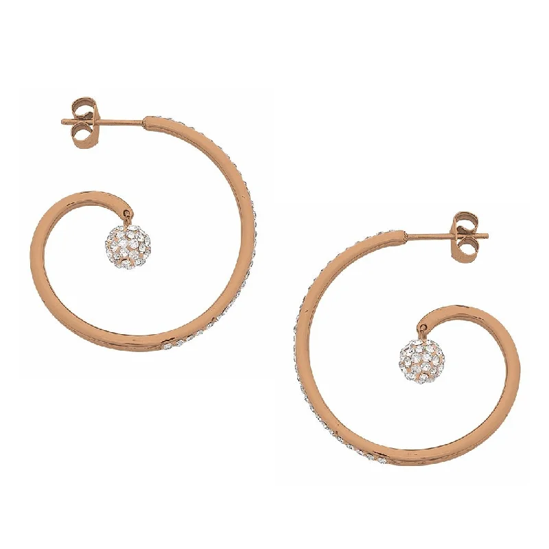 modern pearl earrings for women -Rose Gold Stainless Steel Open Swirl and Crystal Pave Ball Hoop Earring