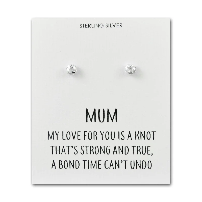 trendy drop earrings for women -Sterling Silver Mum Quote Knot Earrings