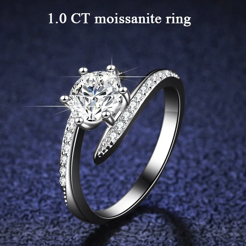 sparkling rings for women -100% Real Moissanite Round Brilliant Diamond 6 Prong Bent Nail Sterling Silver Ring