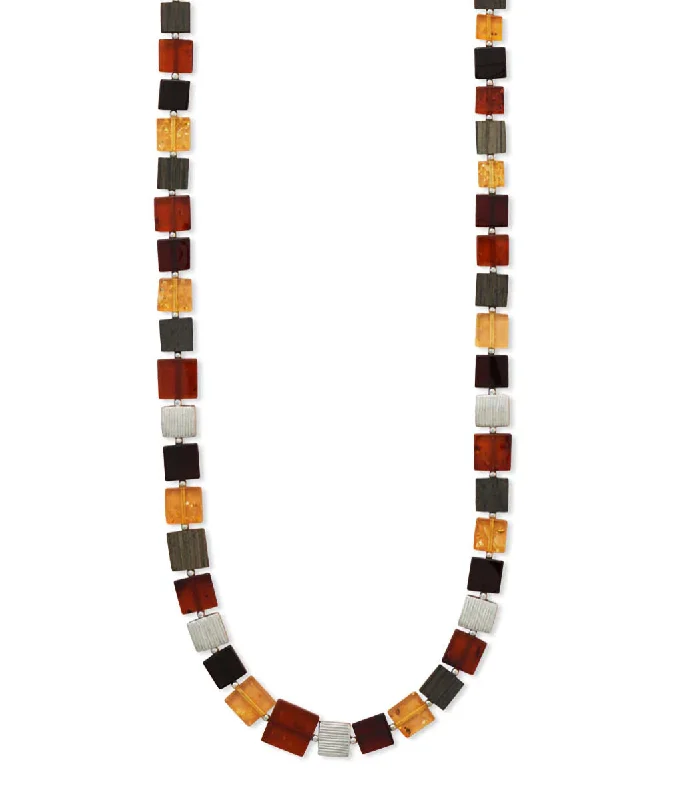 gemstone pendant necklaces for women -Baltic Amber, Black Oak Wood, and Sterling Silver Square Bead Necklace