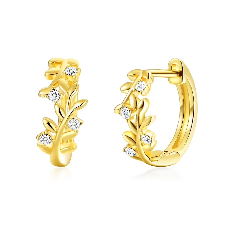 clip-on earrings for women -Gold Plated Leaf Hoop Earrings Created with Zircondia® Crystals