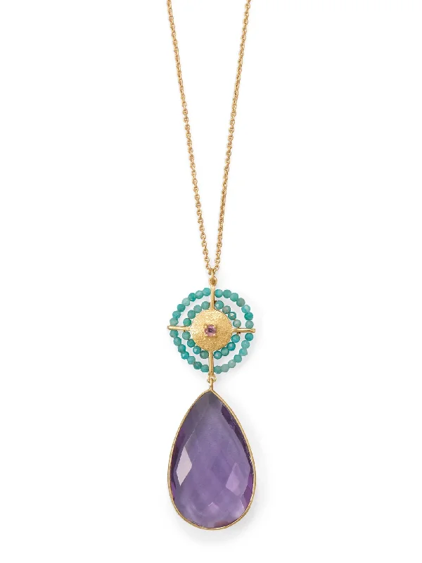 rose gold necklaces for women -Amethyst Amazonite Turquoise Necklace 14k Gold-plated Silver Sun Design