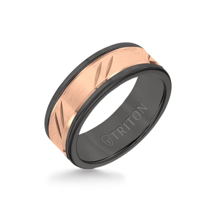 family birthstone rings -8MM Black Tungsten Carbide Ring - Bevel Diagonal Cut 14K Rose Gold Insert with Round Edge