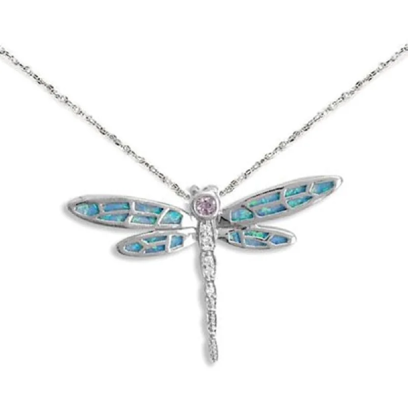 heart necklaces for women -Dragonfly Necklace with Synthetic Blue Opal Inlay Cubic Zirconia Sterling Silver