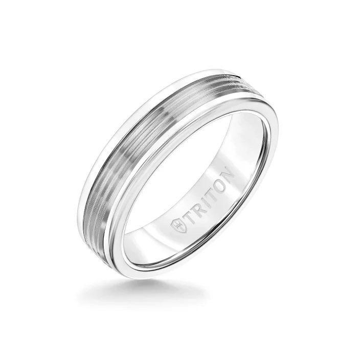 emerald cut rings for women -6MM White Tungsten Carbide Ring - Serrated Engraved 14K White Gold Insert with Round Edge