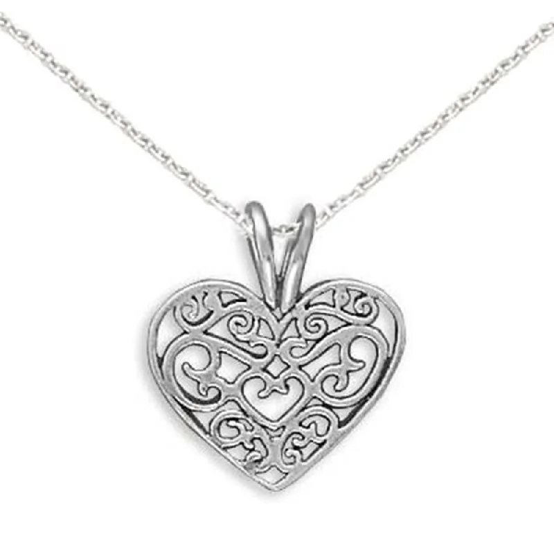 simple charm necklaces for women -Heart Necklace Filigree Sterling Silver Pendant  Teen,  Includes Chain