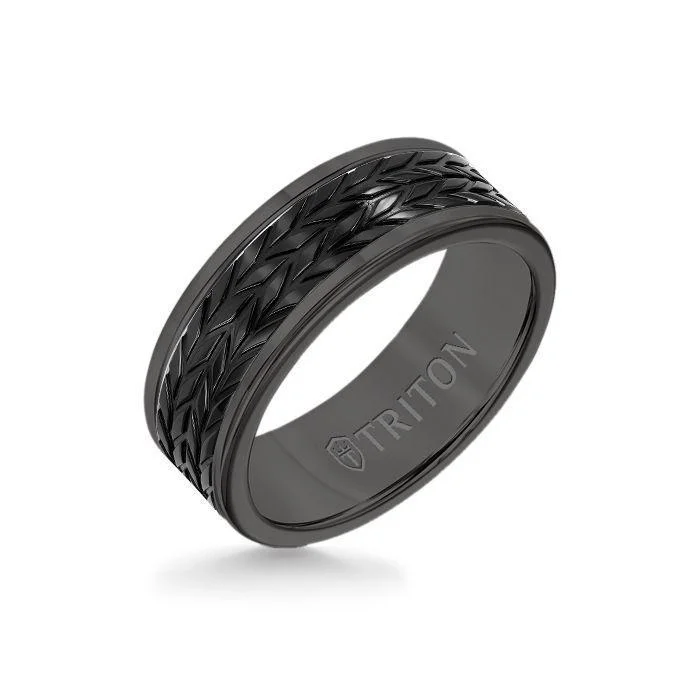 sapphire engagement rings -8MM Black Tungsten Carbide Ring - Tire Tread Black Titanium Insert with Round Edge