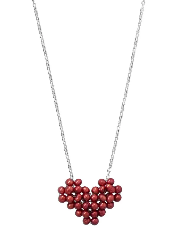 boho necklaces for women -Red Heart Necklace with Dyed Cultured Freshwater Pearls Sterling Silver