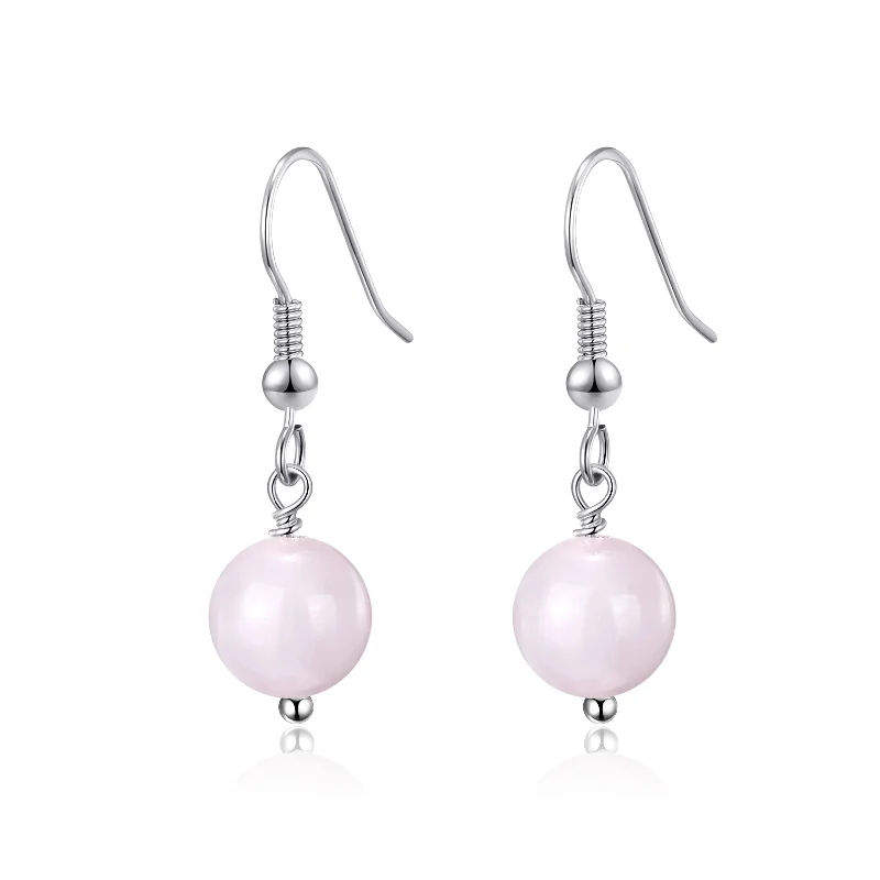 rhinestone earrings for women -Rose Quartz Gemstone Round Drop Earrings