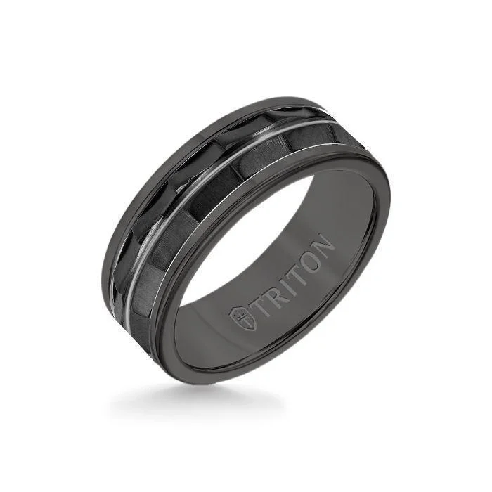 large statement rings -8MM Black Tungsten Carbide Ring - Chevron Black Titanium Insert with Round Edge