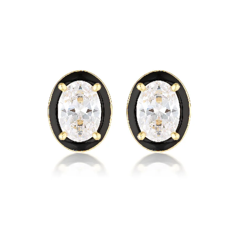 pearl earrings for women -GEORGINI REFLECTION OVAL STUD EARRINGS GOLD & BLACK ENAMEL