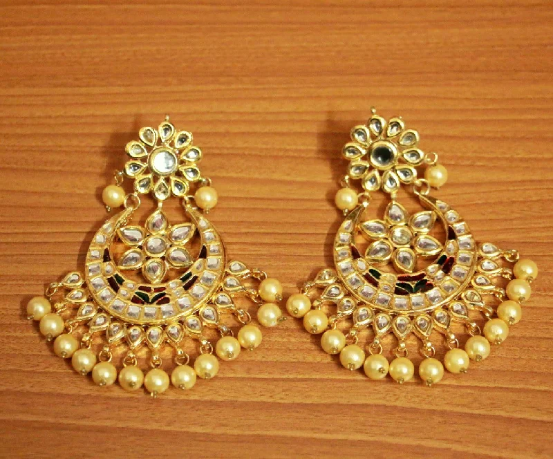 handmade earrings for women -Kundan Meenakari Pearl Chaand Baali Earrings