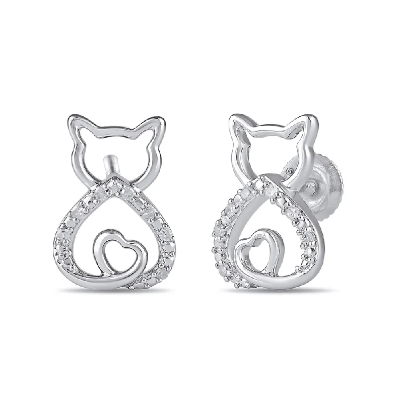 bold earrings for women -Diamond Set Cat Stud Earrings in Sterling Silver