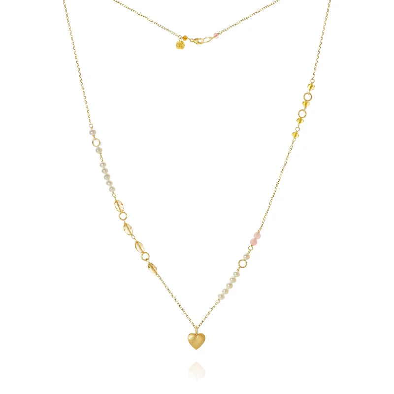 gemstone pendant necklaces for women -Piccolo Mellow Heart 18K Gold Necklace, 62 cm w. Pearl, Quartz & Sapphire