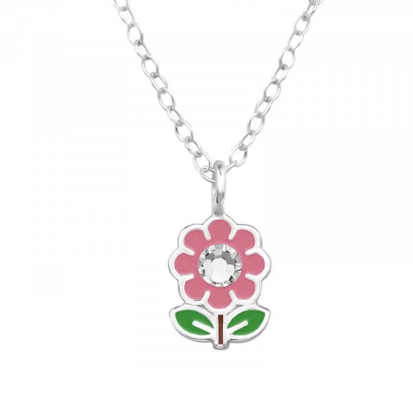 charm necklaces for women -Childrens Sterling Silver Pink Flower Necklace