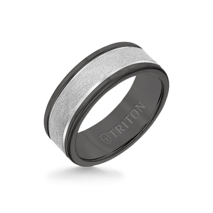 modern rings for women -8MM Black Tungsten Carbide Ring - Crystalline 14K White Gold Insert with Round Edge